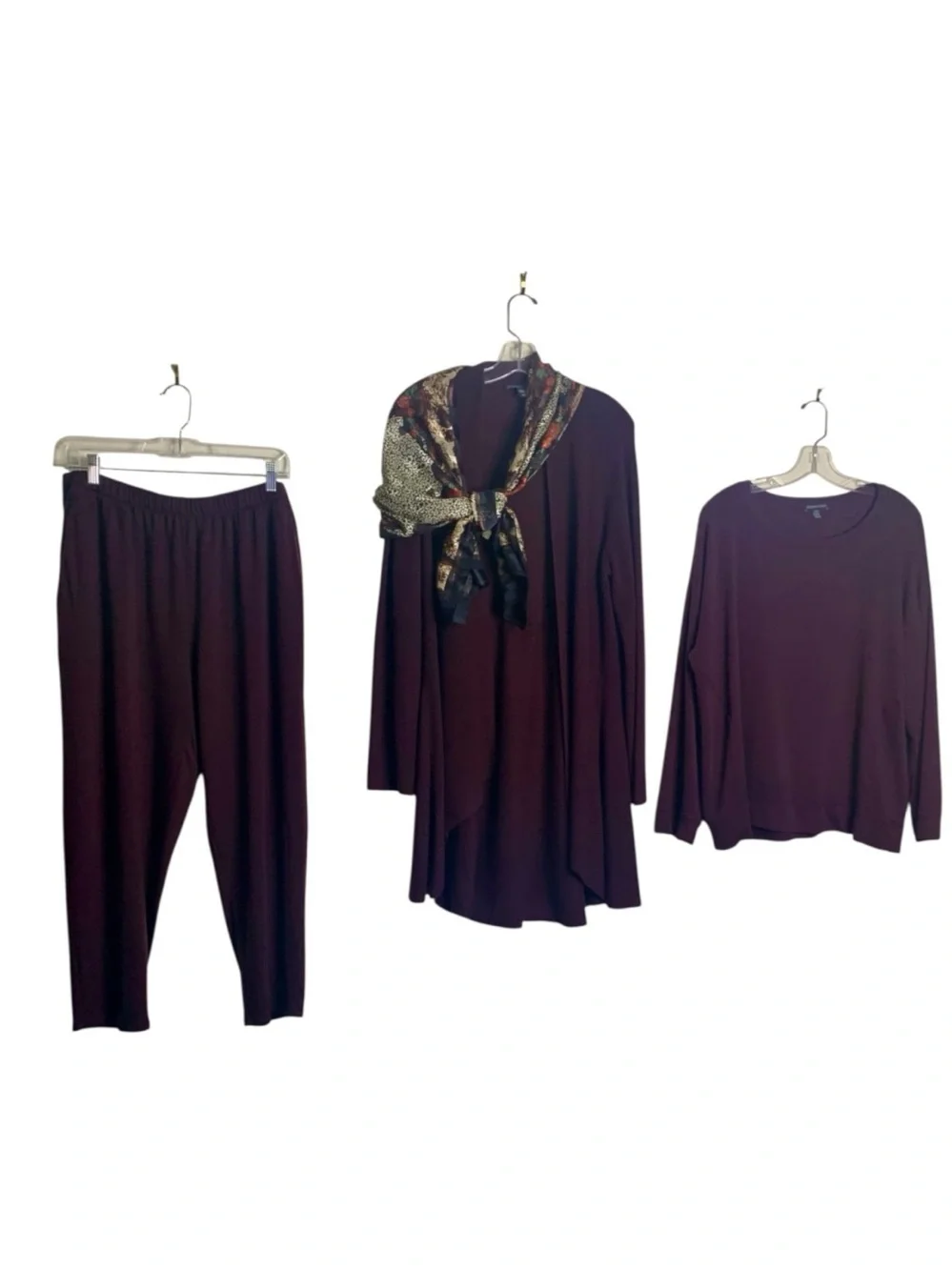 Eileen Fisher 3PC Lounge Set L Silk Cashmere Cardigan Tencel Pant/Top Brown Plum